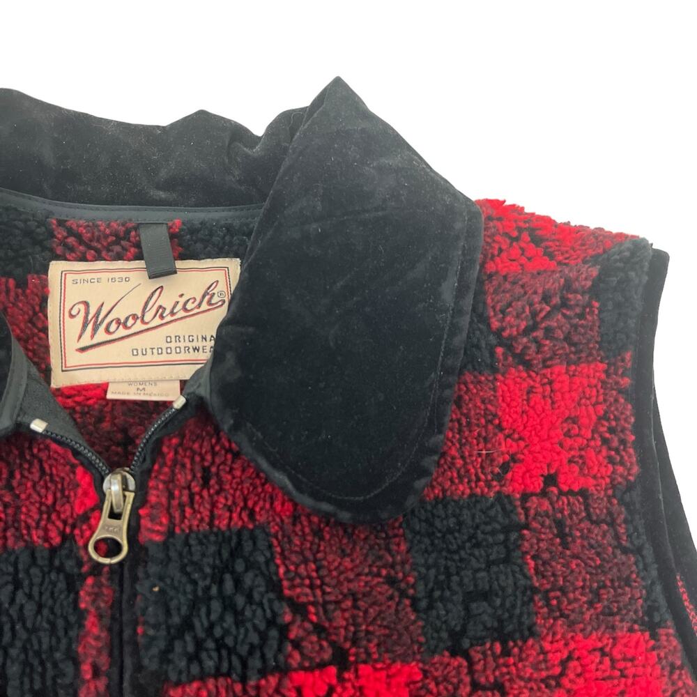 Woolrich Fleece Vest Buffalo Check Women’s Sz M Collar Zip Red Black Outerwear - Picture 6 of 12